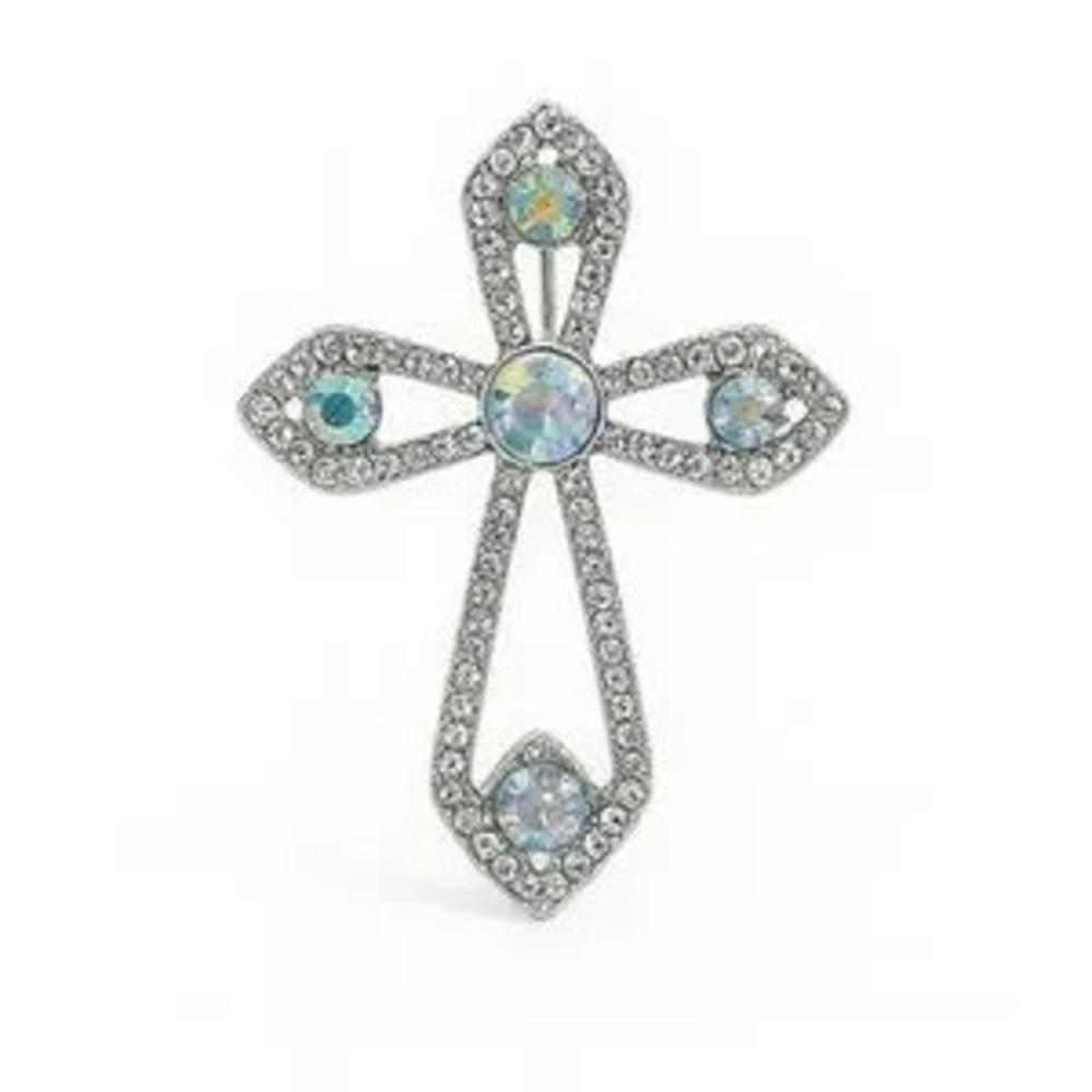 Elegant Silver Cross Brooch with Crystal Accents